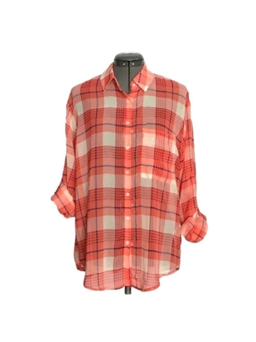 GARAGE Red Plaid Chiffon Button Down Shirt. Size M. NWT!